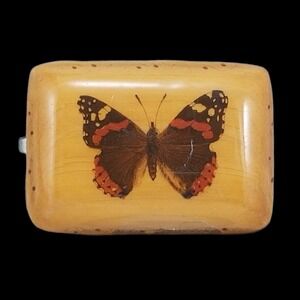 Vintage Painted Butterfly On Wood Resin Small Belt Buckle Red Brown
